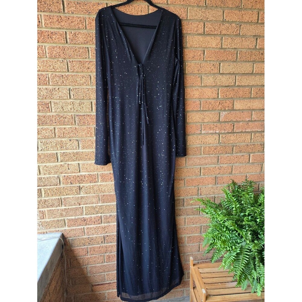 ✨ NWT Kutumai Black Glitter Mesh Maxi Dress Sparkly Long Sleeve Front Tie XL ✨